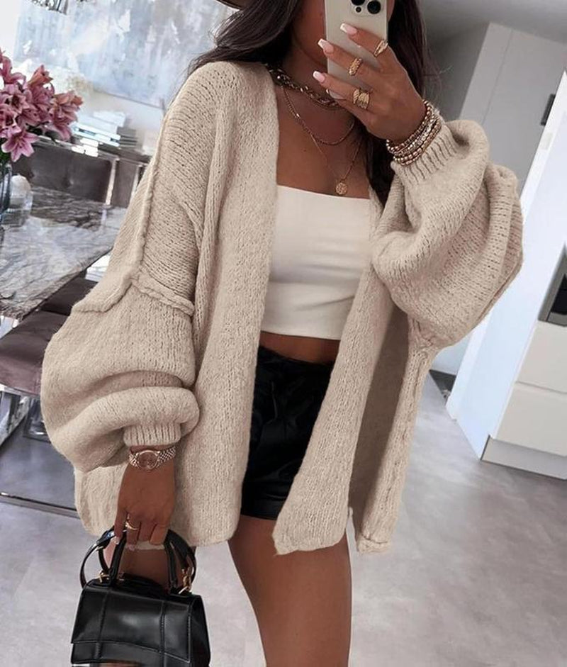 Long Lantern Sleeve Knit Open Front Lightweight Sweater for Casual Wear- PRETTYGARDEN Women'S Oversized Cardigan Sweaters 2025 Fall Stay Cozy Soft Winter Fashion Women'S Three-Quarter Sleeve Merry Christmas Gift Women