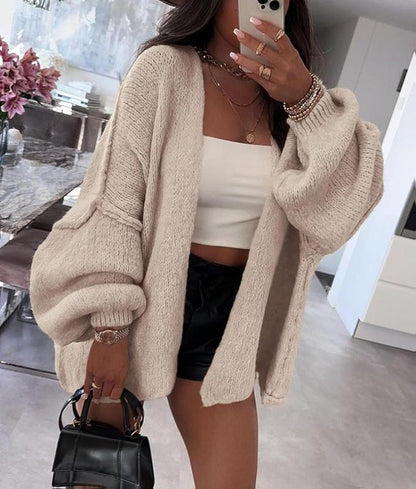 Long Lantern Sleeve Knit Open Front Lightweight Sweater for Casual Wear- PRETTYGARDEN Women'S Oversized Cardigan Sweaters 2025 Fall Stay Cozy Soft Winter Fashion Women'S Three-Quarter Sleeve Merry Christmas Gift Women